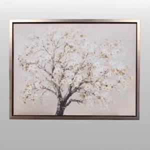 May include: A framed canvas art piece depicting a blossoming tree with white and yellow flowers. The tree's dark trunk and branches contrast against the light background. The frame is a bronze colour.
