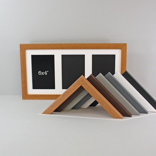 Multi Aperture Photo Frame. Holds Three 6x4" Photos. 20x40cm. Portrait or Landscape. Wooden Collage Frame. Black - White - Grey - Wood