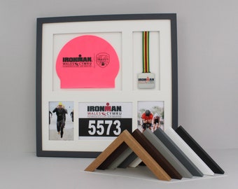 Medal display Frame with Apertures for Swim Cap, Running Bib, Medal and two Photos. 50x50cm. Swimmers | Triathletes | Athletes