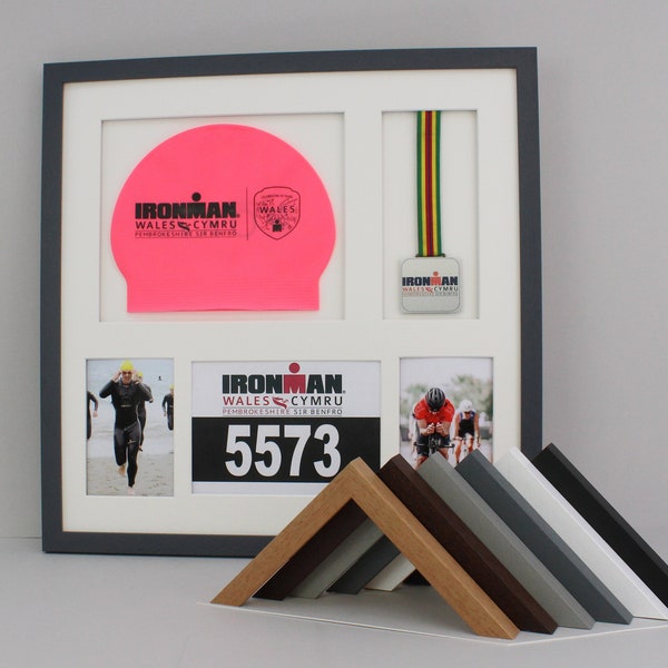 Medal display Frame with Apertures for Swim Cap, Running Bib, Medal and two Photos. 50x50cm. Swimmers | Triathletes | Athletes