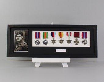 Personalised Military and Service Medal display Frame for Seven Medals and a 6x4" Photograph. 20x60cm. Handmade. War Medals.