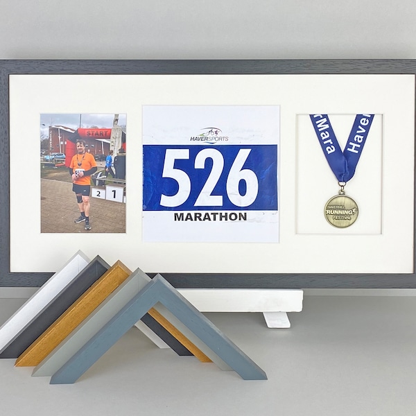 Medal display Frame with Apertures for Bib and Photo. 30x60cm.Handmade. Perfect for Runners, Swimmers, Cyclists, Athletes | Marathon Medals