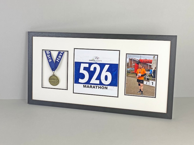 Medal display Frame with Apertures for Bib and Photo. 30x60cm.Handmade. Perfect for Runners, Swimmers, Cyclists, Athletes Marathon Medals image 4
