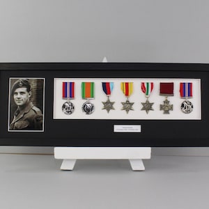 Personalised Military and Service Medal display Frame for Seven Medals and a 6x4&quot; Photograph. 20x60cm. Handmade. War Medals.