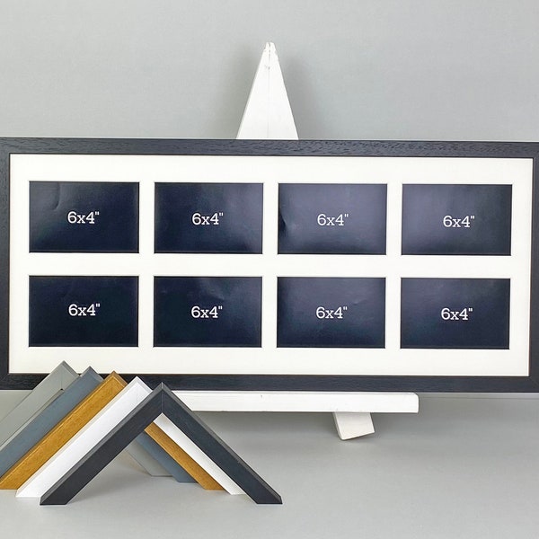 Multi Aperture Photo Frame. Eight 6x4" Photos. 30x75cm. Portrait or Landscape. Wooden Collage Picture Frame. Handmade to order.Wall Hanging.