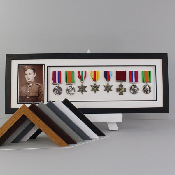 Military and Service Medal display Frame for Eight Medals and a 6x4" Photograph. 20x60cm. Handmade by Art@Home. War Medals. WW1. WW2.