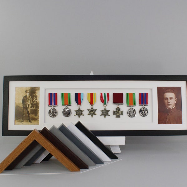 Military and Service Medal display Frame for Eight Medals and two 6x4" Photographs. 20x70cm. Handmade by Art@Home. War Medals. (150)