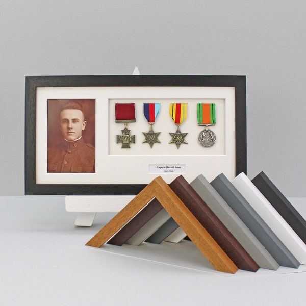 Personalised Military and Service Medal display Frame for Four Medals and a 6x4" Photograph. 20x40cm. Handmade. War Medals. WW1.WW2.