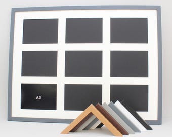 Marco de fotos de madera con múltiples aberturas para nueve fotos A5. 60 x 80 cm. Negro/Blanco/Gris/Roble/Nogal/Madera auténtica. Impresiones/Tarjetas A5.