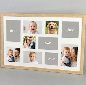 May include: A light oak wood multi-opening collage picture frame with a white mount. The frame features various rectangular and square openings labelled with dimensions 13x18cm, 13x13cm, 15x10cm, and 10x10cm, displaying photographs of a baby, a dog, a couple, and a family.