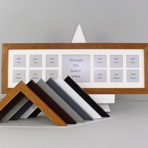 Through the School Years. 15x50cm. Small wooden multi aperture photo frame to display 12 2x2inch pictures of your child&#39;s school years.