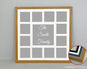 Personalised Multi Aperture Frame. One 8x8" Aperture for Text and Twelve 4x4" Apertures for your images. 50x50cm. Handmade by Art@Home.(168)