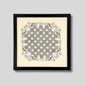 May include: Framed artwork with a circular pattern of black and white designs. The artwork includes small circles with intricate patterns, surrounded by decorative elements and scissors. The number "2025" is visible. The frame is black.