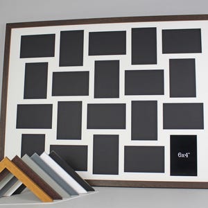 May include: A large multi-photo collage frame with a dark brown wooden frame and a white mount. The frame has multiple rectangular openings for photos. A selection of frame corner samples in various colours are in the foreground. The frame opening size is 15 x 10 cm.