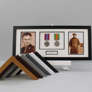 Personalised Military Medal display Frame for Two Medals and two 6x4" Photographs. 20x50cm. Wall Hanging. Service Medals | War Medals | WW1