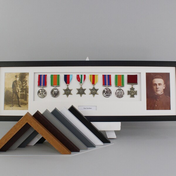 Personalised Military and Service Medal display Frame for Eight Medals and two 6x4" Photographs. 20x70cm. Handmade. War Medals.