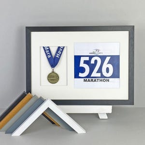 Medal display Frame with Apertures for Medal & Bib (20x20cm Bib Size). A3 Size. Handmade. Perfect for Runners, Swimmers, Cyclists, Athletes.