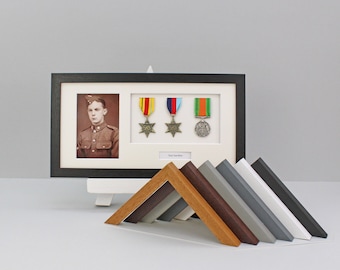Personalised Military Medal display Frame for Three Medals, a 6x4" Photo & text. 20x40cm. Handmade.  Service Medals | War Medals | WW1 | WW2