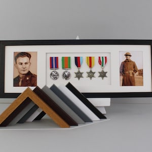 Military and Service Medal display Frame for Five Medals and two 6x4&quot; Photographs. 20x60cm.  Service Medals | War Medals | WW1 | WW2