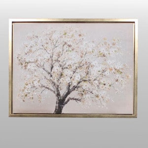 May include: A framed canvas print of a flowering tree with white blossoms and a dark trunk. The artwork is set against a neutral backdrop and enclosed in a gold-coloured frame, ideal for home decoration.