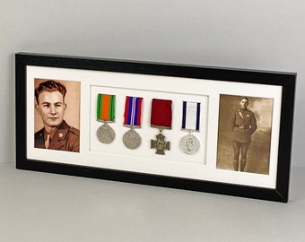 Military Medal display Frame for Four Medals and Two 6x4" Photographs. 20x50cm. Service Medals | War Medals | WW1 | WW2 | Commemorative