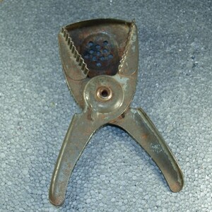 May include: A vintage metal citrus juicer with a green patina. The juicer has two handles and a serrated edge for squeezing citrus fruits.