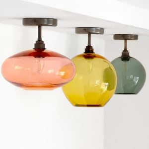 Mid Century Semi Flush Mount, Hand Blown Glass Low Ceiling Light in Various Colors