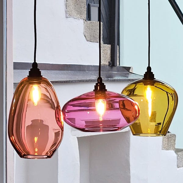 Set of 3 Handblown Glass Pendant Lights. Custom Kitchen Island Individual Hanging Lamps.