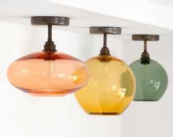 Semi Flush Mount Lighting. Hand Blown Glass Low Ceiling Lighting. Colored Kitchen Lighting .Hallway Lighting. Custom Lighting.