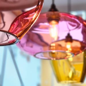 Hand Blown Bohemian Glass Pendants for Kitchen and Dining Table Lighting. Unique Colored Lights.