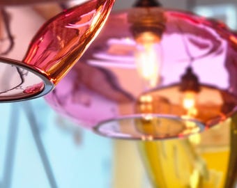Hand Blown Bohemian Glass Pendants for Kitchen and Dining Table Lighting. Unique Colored Lights.