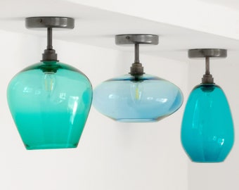 Coloured Glass Semi Flush Mount Lighting. Hand Blown Glass Low Ceiling Lighting. Hallway Lighting. Custom Lighting.