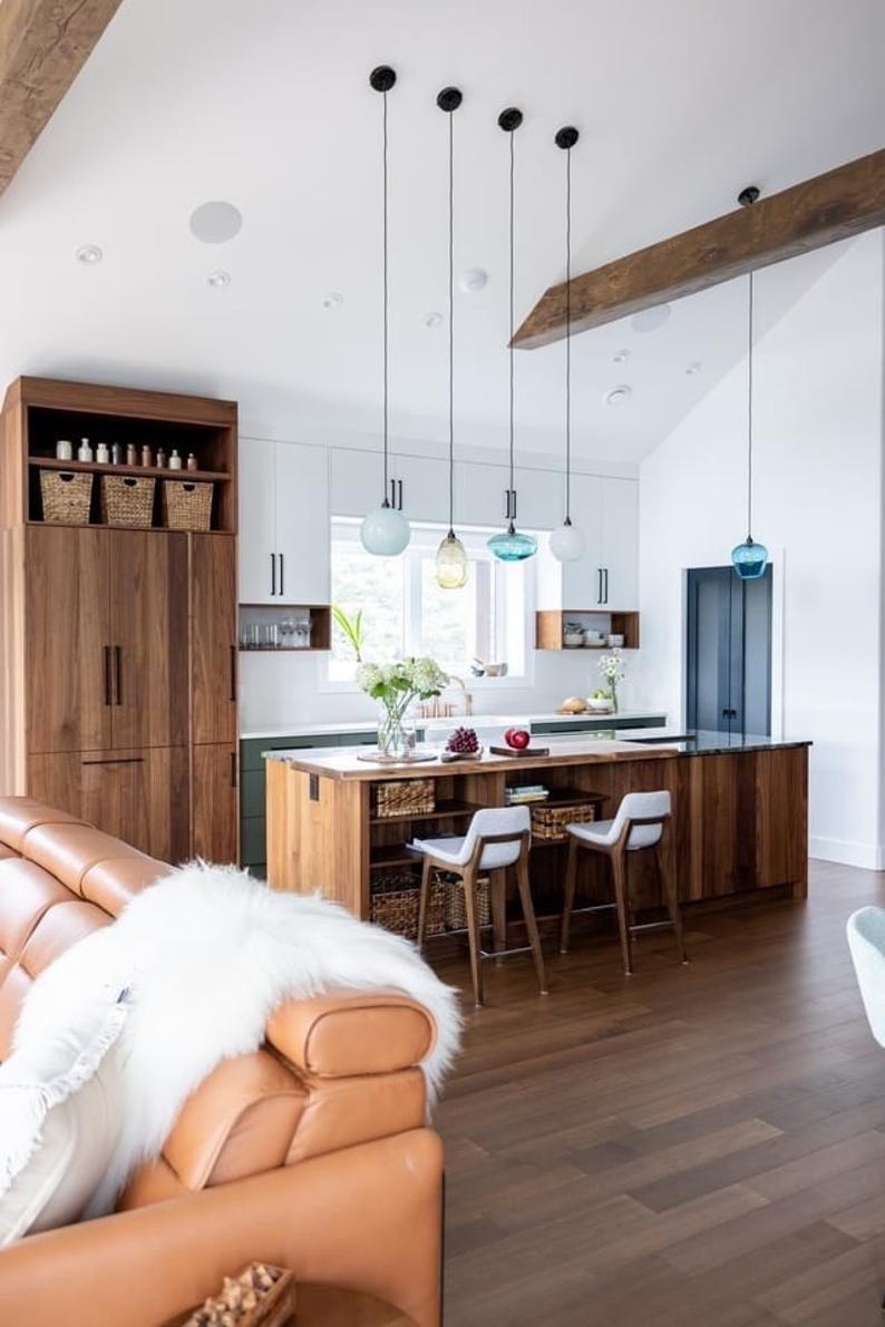 Handblåst tjeckisk glaspendellampa, bohemisk belysning för köksö och matbord bild 11