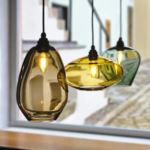 Handblåst tjeckisk glaspendellampa, bohemisk belysning för köksö och matbord bild 3