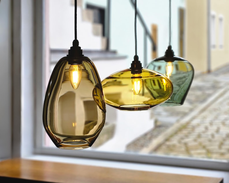 Handblåst tjeckisk glaspendellampa, bohemisk belysning för köksö och matbord bild 3