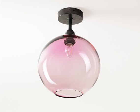 Large Fuchsia Blown Glass Low Ceiling Light Mid Century Modern Semi Flush Mount Lighting Coloured Glass Globe Lighting