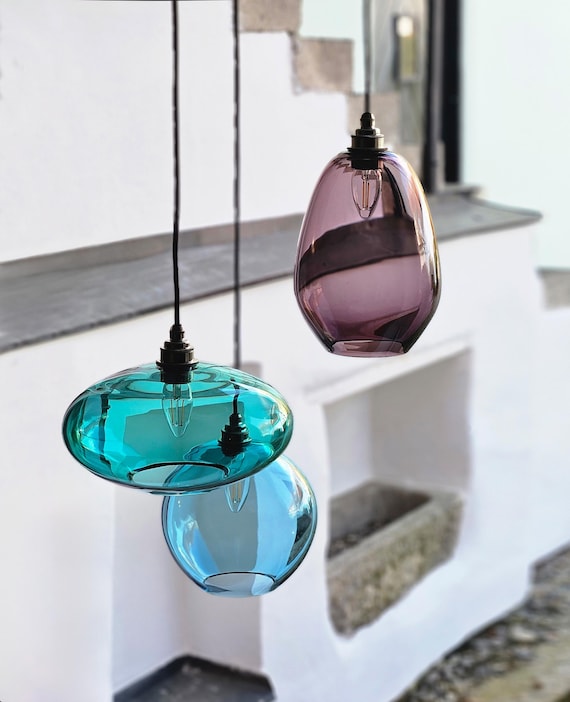 Artisan European Glass Pendant. Handmade Czech Color Light Cluster