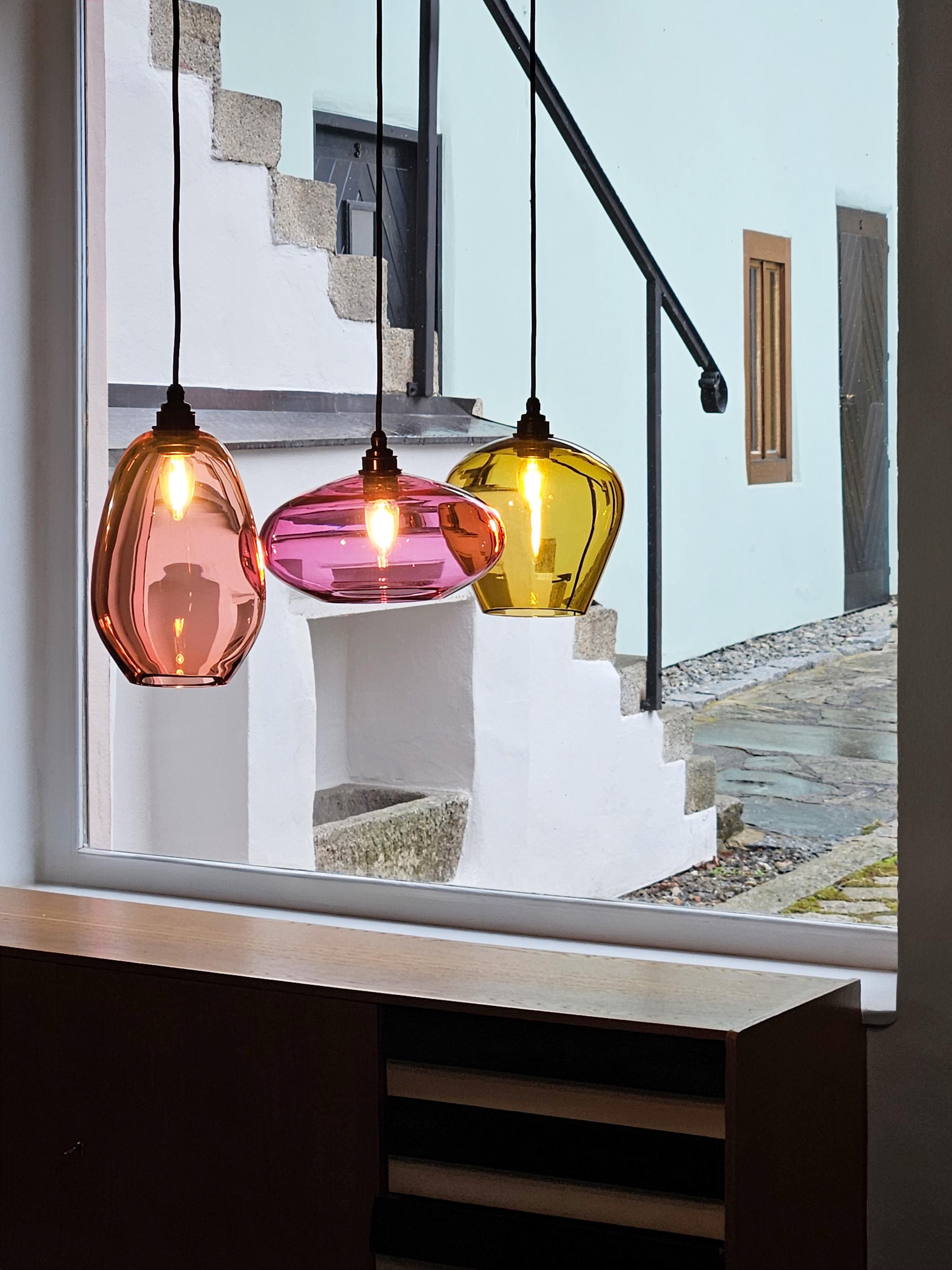 Set of 3 Handblown Glass Pendant Lights. Custom Kitchen Island