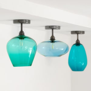 Semi Flush Mount Lighting. Hand Blown Glass Low Ceiling Lighting. Colored Kitchen Lighting .Hallway Lighting. Custom Lighting. image 2