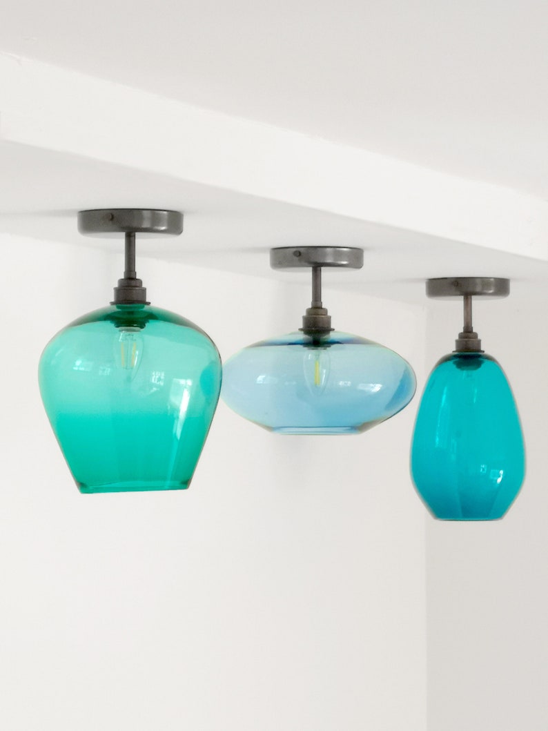 Semi Flush Mount Lighting. Hand Blown Glass Low Ceiling Lighting. Colored Kitchen Lighting .Hallway Lighting. Custom Lighting. image 2