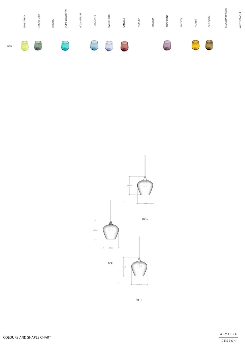 May include: A design chart showcasing pendant lights and colour options. The "BELL" pendant lights are illustrated with measurements in millimetres. Colour swatches include Lime Green, Smoke Grey, Bristol, and others. The text "COLOURS AND SHAPES CHART" is at the bottom.