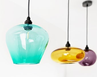 Colored Glass Pendant Lights. Hand Blown Glass Pendant Lights. Kitchen Pendant Lighting. Multi Colored Pendant Lights. Dining Table Lighting