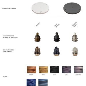 May include: A product display showing ceiling canopies, lamp holders, and cords. The canopies are white and black. Lamp holders come in antique, dark bronze, and polished nickel finishes. Cords are available in various colours, including brown, beige, black, and blue.