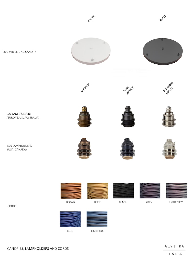 May include: A product display showing ceiling canopies, lamp holders, and cords. The canopies are white and black. Lamp holders come in antique, dark bronze, and polished nickel finishes. Cords are available in various colours, including brown, beige, black, and blue.