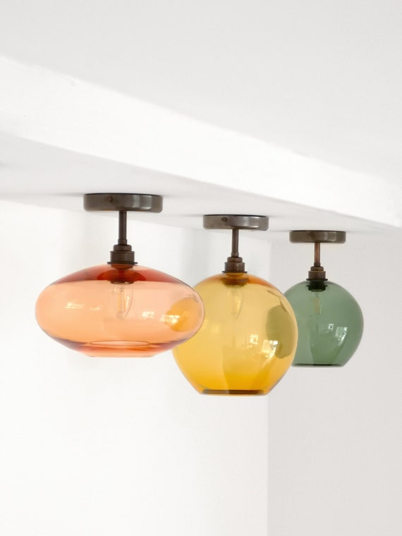 Semi Flush Mount Lighting. Hand Blown Glass Low Ceiling Lighting. Colored  Kitchen Lighting .hallway Lighting. Custom Lighting. 