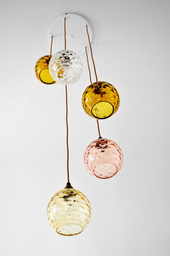 Multi Light Pendant. Textured Glass Lighting. Mid Century Modern