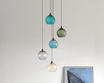 Stairwell Pendant Lighting / Glass Globe Chandelier / Multi Colored Pendant Lights / Custom Lighting / Long Drop Stairwell Lighting