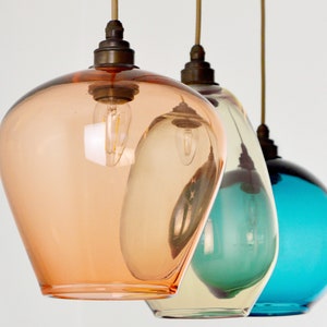 Coloured Glass Pendant Lights. Hand Blown Glass Pendants. Kitchen Island Lighting. Multi Colored Pendant Lights. Dining Table Lighting