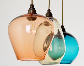 Coloured Glass Pendant Lights. Hand Blown Glass Pendants. Kitchen Island Lighting. Multi Colored Pendant Lights. Dining Table Lighting