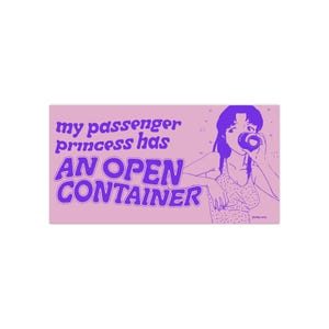 May include: Purple text on a pink background reads "my passenger princess has an open container". A cartoon image of a woman with long black hair drinking from a can is in the background.